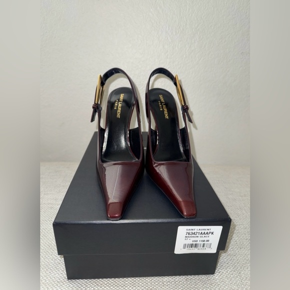 SAINT LAURENT LEE EMBELLISHED PATENT LEATHER SLINGBACK PUMPS IN BURGANDY - Picture 7 of 16